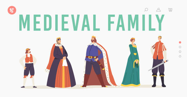 ilustraciones, imágenes clip art, dibujos animados e iconos de stock de plantilla de página de destino de la familia medieval. personajes reales, reina y rey, príncipe, princesa y personajes de paginación - princess castle child family