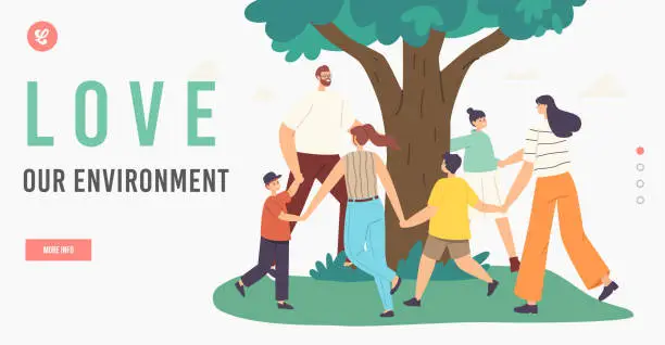 Vector illustration of Outdoor Environmental Activity Landing Page Template. Happy Family Dance around Tree. Mother, Father and Children