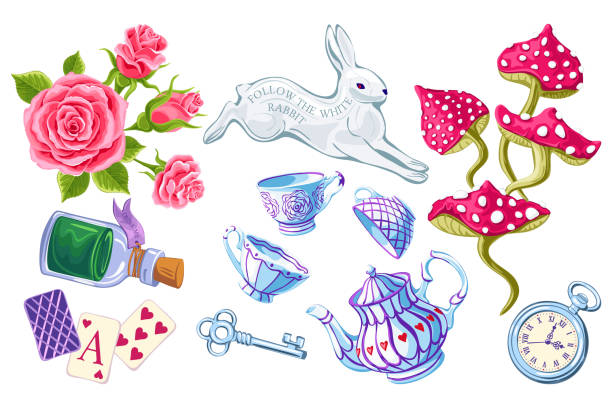 ilustrações, clipart, desenhos animados e ícones de wonderland conjunto vetor desenho animado isolado - tea party illustrations