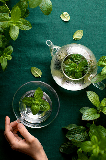 Woman's hand is in the moment of touching glass cup full of fresh mint tea, tea-drinking concept, overhead view
