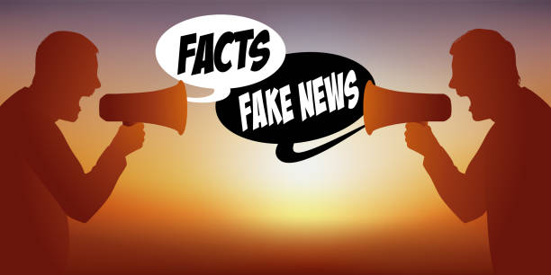 Two men disagree on the danger of fake news. Concept of rumors on social networks in the face of proven facts, with two men face to face who, oppose on the theme of fake-news. speaking with forked tongue stock illustrations