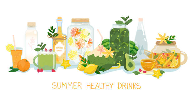 Summer healthy drinks set. Good for detox, vegan, vegetarian or keto diet. Summer healthy drinks set. Vector beverage banner. Elements collection isolated on white. For detox, vegan, vegetarian, keto diet. Herbal tea, green smoothie, juice, plant milk, coconut, kombucha kombucha jar stock illustrations