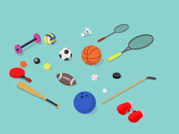 Vector illustration of Set of sport equipments with balls and racket