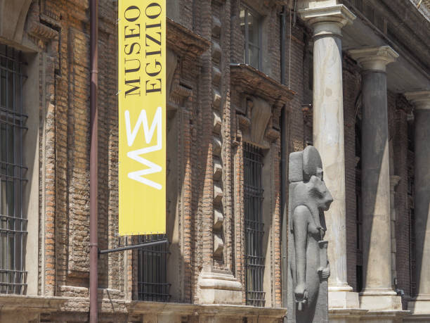Turin, Italy - Circa July 2017: Museo Egizio (meaning Egyptian Museum) facade with replica statues of Goddess Sekhmet daughter of the sun