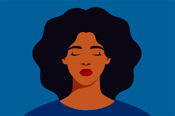 illustrations, cliparts, dessins animés et icônes de triste femme noire les yeux fermés sur un fond bleu. portrait de la fille en pleurs émotions chagrin. femme afro-américaine malheureuse se sent la dépression. - sexual violence illustrations