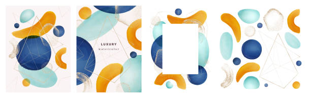 Geometric abstract shapes and gold glitter brushes on covers and frames. Posters collection, set of modern design pages, composition of circle and triangles. Textures vector realistic cartoon Geometric abstract shapes and gold glitter brushes on covers and frames. Posters collection, set of modern design pages, composition of circle and triangles. Textures vector realistic cartoon colorful page borders stock illustrations