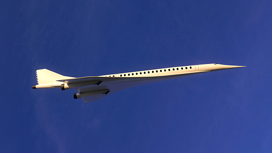 Supersonic flight, the plane to travel faster than ever. Unlike other commercial flights, it has double the speed. 3d render