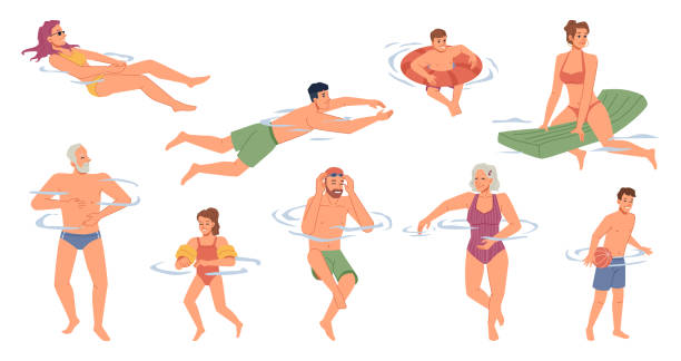 People in swimsuits swimming in pool, river, sea ocean waters isolated flat cartoon characters set. Vector swimmers, summer sport activities, hobby recreation. Man woman, kids and senior in swimwear People in swimsuits swimming in pool, river, sea ocean waters isolated flat cartoon characters set. Vector swimmers, summer sport activities, hobby recreation. Man woman, kids and senior in swimwear bathing suit stock illustrations