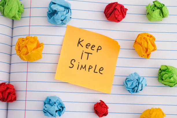 istock Keep it simple. A yellow paper note with the phrase Keep it simple on it with some colorful crumpled paper balls around it 1322327371