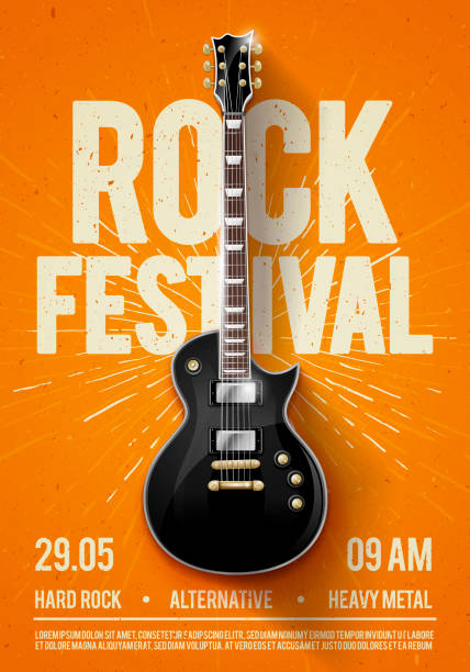 illustrazioni stock, clip art, cartoni animati e icone di tendenza di illustrazione vettoriale orange rock festival concerto party flyer o poster design modello con chitarra, posto per testo ed effetti cool in sottofondo - popular music concert crowd backgrounds music