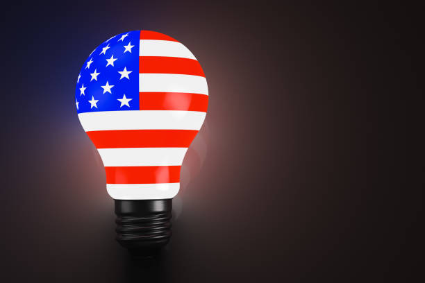 Glowing light bulb stylized as an American flag. Copy space. Political topics