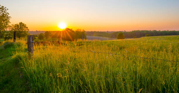 istock Sundown over fields and trees in a green hilly grassy landscape under a colorful sky in sunlight in springtime 1322333150