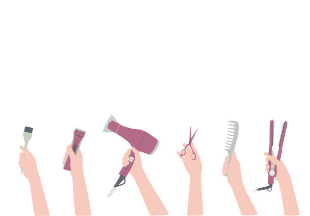 미용실 도구, 헤어 드라이어, 빗손. 텍스트 공간이있는 헤어 살롱 액세서리가있는 배경. 프레임, 아름다움 정보를위한 테두리. - beauty spa human hair scissors hair dryer stock illustrations