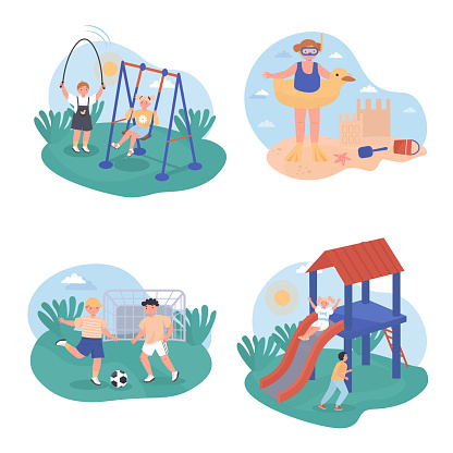 Children play concept scenes set. Boys and girls ride swing or slide, jump rope, play football, resting at sea beach. Collection of people activities. Vector illustration of characters in flat design