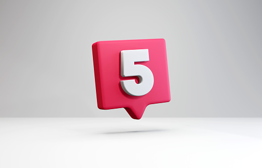 Number 5 on the red speech bubble. 3D Rendering.