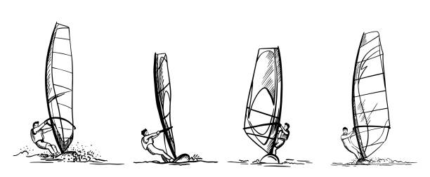 duży zestaw wektorów do windsurfingu. facet na windsurfingu jeździ na falach. rysunek ręczny. szkic. doodle - windsurfing obrazy stock illustrations