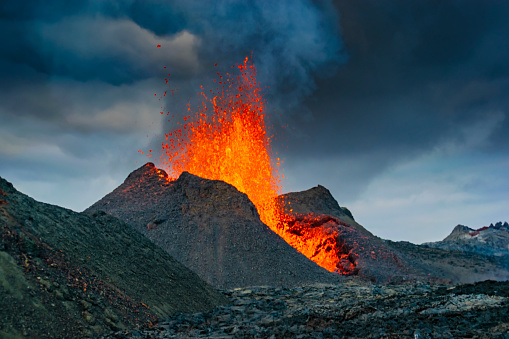 Iceland Volcano Volcanic Eruption with lava at Fagradalsfjall, Reykjanes Peninsula