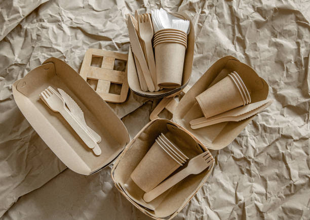 istock Composition with disposable ecological dishes and cutlery. 1322339840