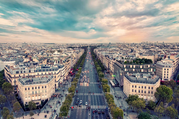 Paris city at sunset view from high up
