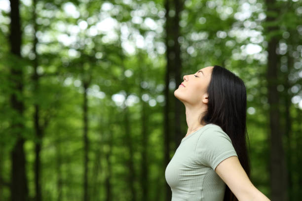 mujer asiática respirando aire fresco en un bosque - exhalar fotografías e imágenes de stock