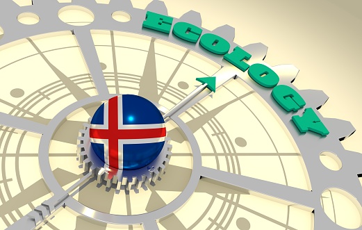 Ecology concept. Abstract compass points to the ecology word. Flag of Iceland. 3D rendering