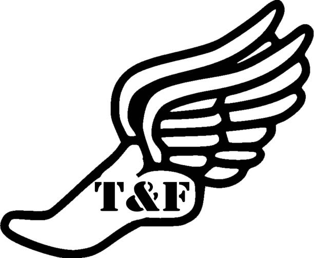 Track & Field in a winged foot logo A track and field winged foot with T&F letters inside the foot. track and field stock illustrations