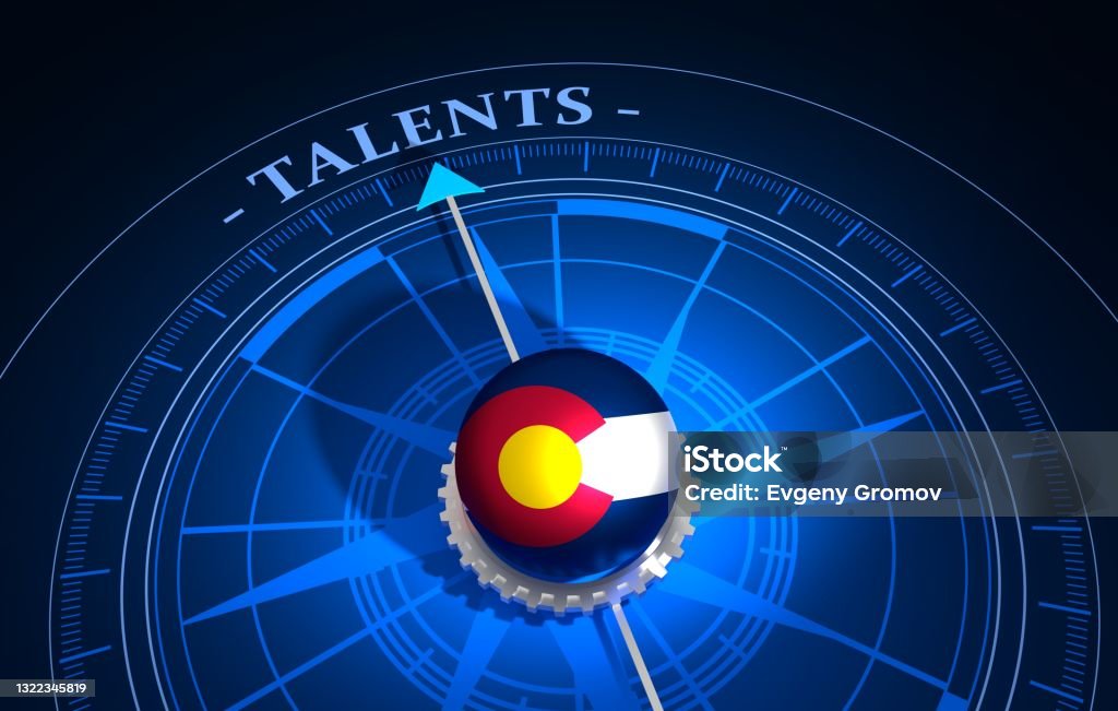 Concept of talents recruitment and human resources. 3D illustration Abstract compass points to the talents word. Flag of Colorado. 3D rendering Achievement Stock Photo