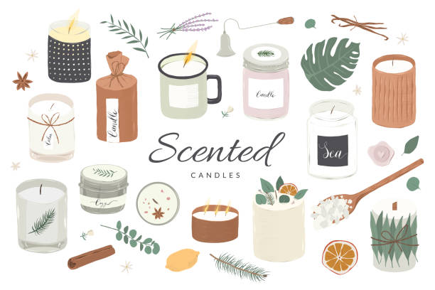 Collection of modern scented candles made of soy and coconut wax, essential oils, various craft design handmade candles in glass jars. Home aromatherapy, hygge home decoration Collection of modern scented candles made of soy and coconut wax, essential oils, various craft design handmade candles in glass jar, tin. Home aromatherapy, hygge home decoration, vector illustration candle illustrations stock illustrations