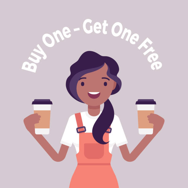 Buy one, get free, coffeehouse, coffee shop, cafe sale promotion Buy one, get free, coffeehouse, coffee shop, cafe sale promotion. Young attractive positive girl seller offering two products for same price, marketing tactic. Vector creative stylized illustration barista stock illustrations