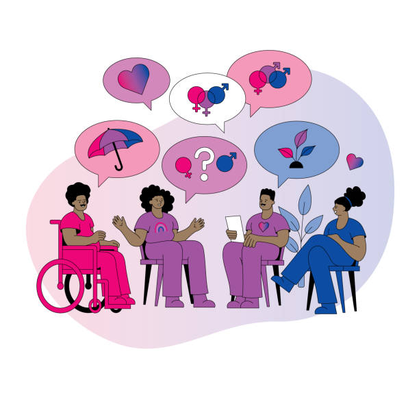 LGBTQIA Group Mentoring bisexuality topic People talking in a mentoring group.
Editable vectors on layers. This image includes gradients and transparencies. lgbtqcollection stock illustrations