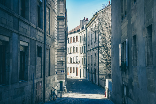 Small Alleyway Full Of Buildings With Famous Swiss Architecture In Geneva, Switzerland