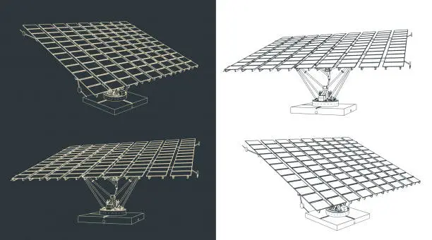 Vector illustration of Solar panels with automatic positioning system blueprints