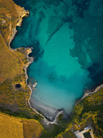 Aerial view of beautiful coastline in Italy, Puglia\n“Grotta Sfondata” Near Otranto