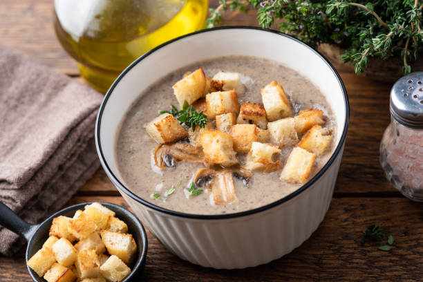 istock Mushroom cream soup with croutons 1322349269