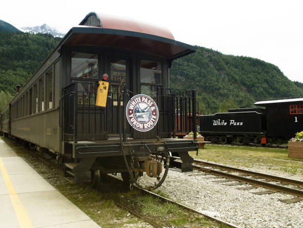 Alaska White Pass And Yukon Route Train At The Station In Skagway Skagway, USA - July 1, 2010: Alaska White Pass And Yukon Route Train At The Station In Skagway alaska gold rush stock pictures, royalty-free photos & images