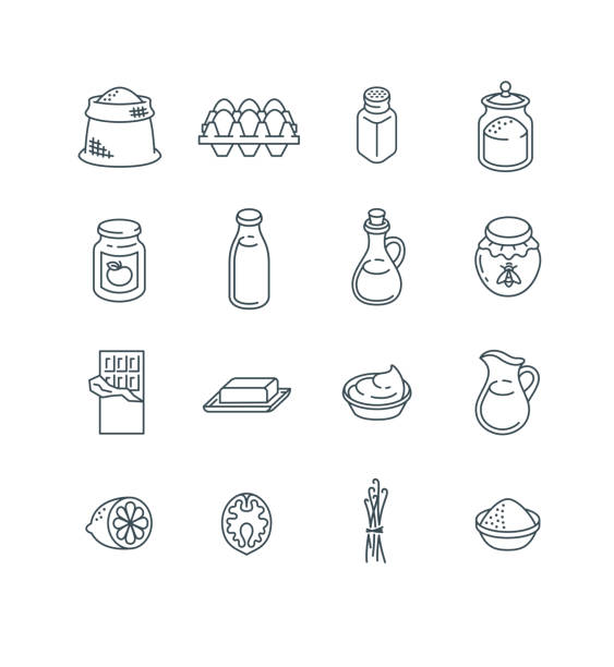 ilustraciones, imágenes clip art, dibujos animados e iconos de stock de iconos de línea simples de ingredientes para hornear en casa - sales