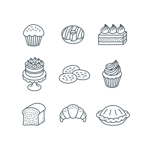 ilustrações, clipart, desenhos animados e ícones de diferentes itens de massa doce simples ícones lineares - pastry croissant isolated bakery