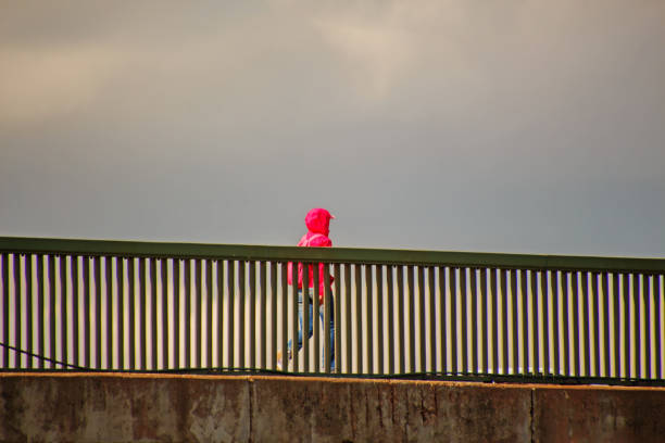 a man in a pink jacket walks across a bridge under a rain-covered sky