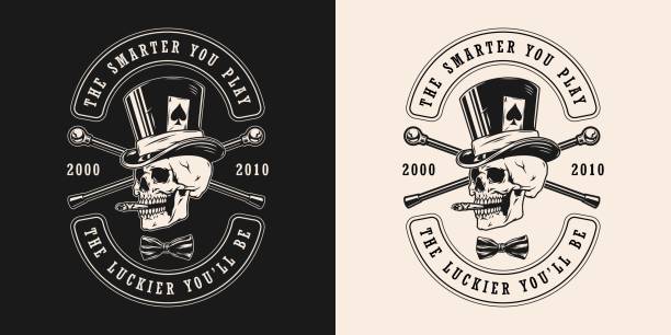 Gambling vintage label Gambling vintage label in monochrome style with inscriptions crossed walking canes bow tie and skull smoking cigar in top hat with ace of spades playing card isolated. vector illustration playing poker stock illustrations