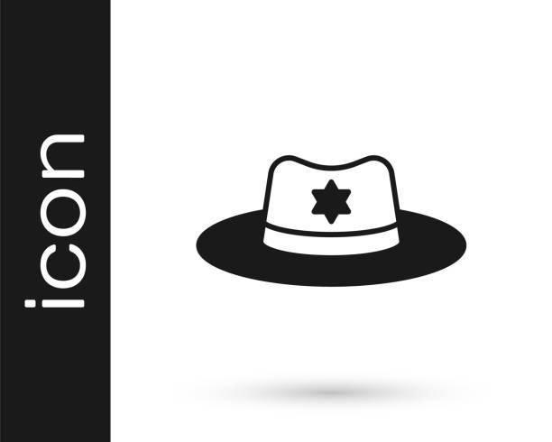 白い背景に分離されたバッジアイコンを持つ黒い保安官の帽子。ベクトル - cowboy hat hat country and western music wild west点のイラスト素材／クリップアート素材／マンガ素材／アイコン素材