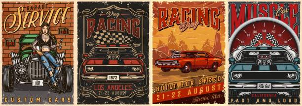American custom cars vintage colorful posters American custom cars vintage colorful posters with speedometer racing checkered flags powerful muscle cars pretty tattooed woman holding spanner and standing near hot rod. vector illustration vintage speedometer stock illustrations