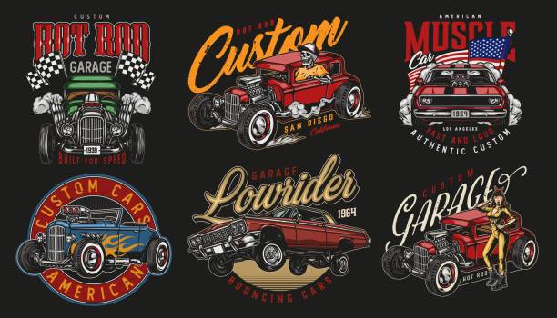 винтаж красочные пользовательские этикетки автомобилей - low rider stock illustrations