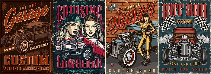 Custom cars vintage posters with powerful hot rods racing checkered flags lowrider car pretty girls in baseball caps and attractive winking woman in mechanic uniform with spanner. vector illustration