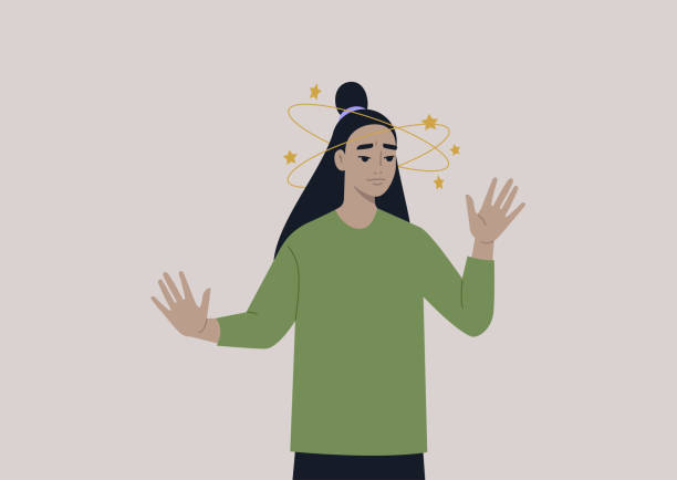 A young female Asian character feeling dizzy with yellow stars orbiting around their head A young female Asian character feeling dizzy with yellow stars orbiting around their head unbalance stock illustrations