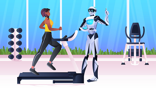 african american sportswoman with robot instructor running on treadmill workout healthy lifestyle artificial intelligence concept horizontal full length vector illustration