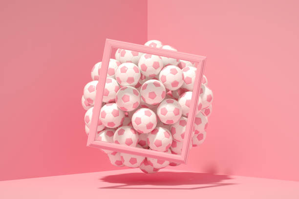 3d Rendering of Flying Soccer Balls Pink Color Background with Sunlight.