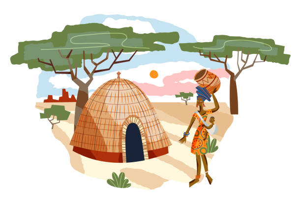 ilustraciones, imágenes clip art, dibujos animados e iconos de stock de mujer tribal africana mujer con cabrito y con jarra en la cabeza. madre de pie con el niño pequeño cerca de la ilustración del vector de la casa. niña vestida con elementos tradicionales y bebé - african descent africa african culture pattern