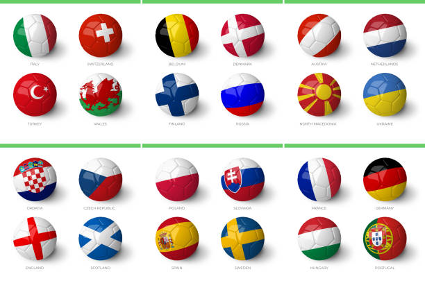 beyaz arka plan üzerinde izole edilmiş ülke bayraklarına sahip avrupa 2020 grupları. - spain switzerland stock illustrations