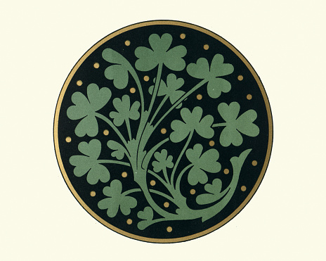 Vintage illustration of Green clover leaf on black, circle shape, Victorian floral design patterns, Design elements, 19th Century