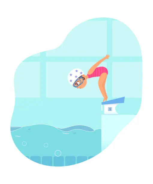 Vector illustration of Girl ready to dive into water in swimming pool. Child jumping into blue waves vector illustration. Swimmer exercising in class. Little happy kid swimming in swimwear and glasses